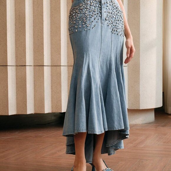 Blue Party Women's Rhinestone Embellished Luxurious Denim Skirt - Picture 6 of 8